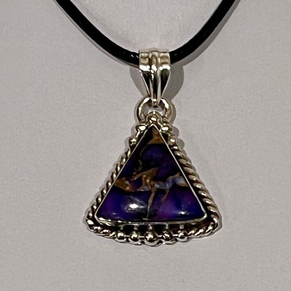 Southwestern Purple Copper Dahlia Turquoise Triangle Pendant Sterling Silver - Picture 2 of 4